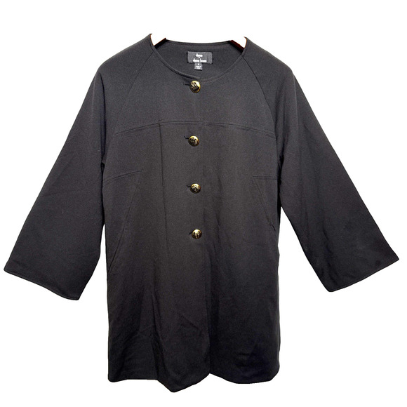 Dennis Basso Black Coat Women's Size 6 Gold Buttons Thin Overcoat Wide Sleeves - Picture 1 of 11